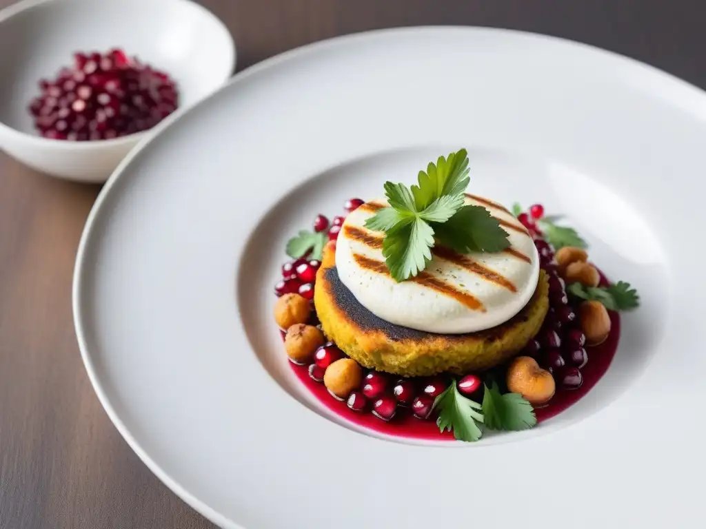 Exquisito Chaat Vegano auténtico de la India con colores vibrantes y texturas variadas en un plato blanco minimalista