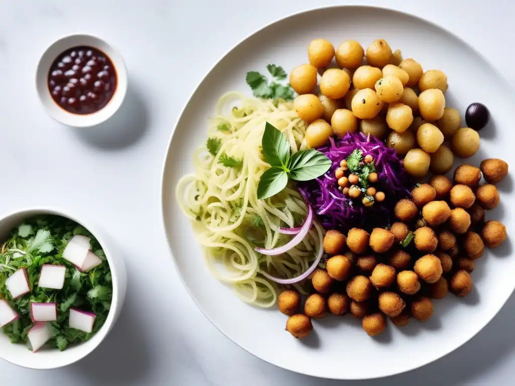 Un exquisito Chaat Vegano auténtico de la India, con ingredientes vibrantes y coloridos, en una presentación moderna y artística