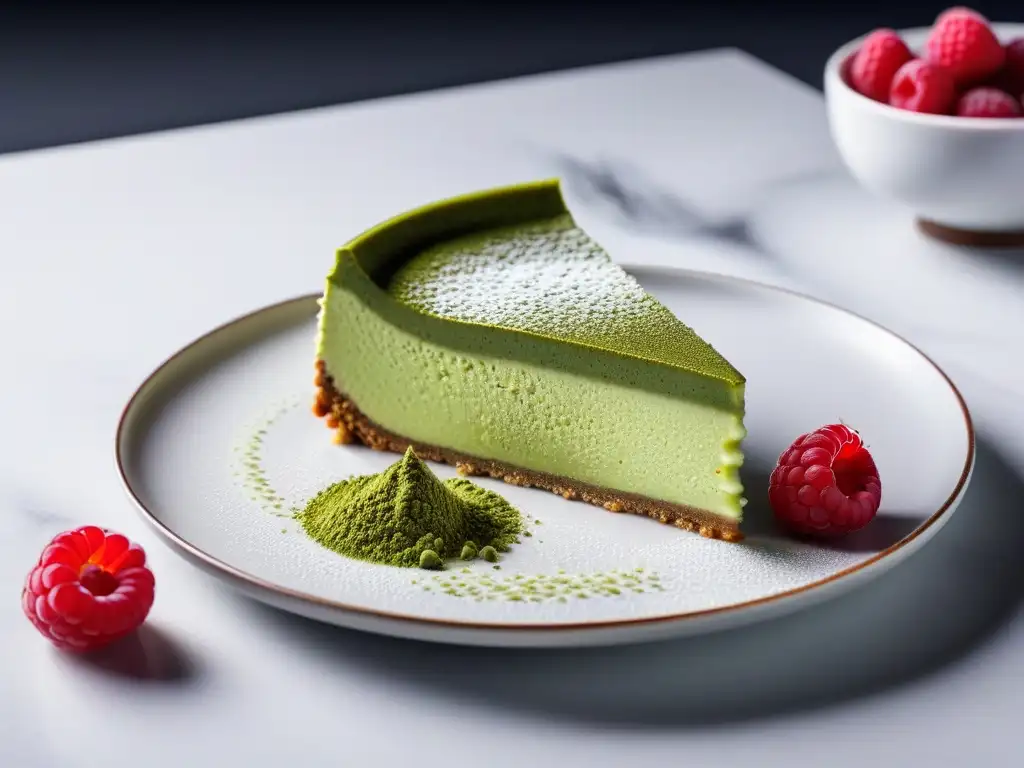 Un exquisito cheesecake vegano de té matcha con frambuesas frescas, polvo de té matcha y diseño floral en plato blanco