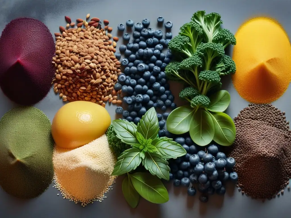 Un exquisito y colorido collage de superfoods veganos en una cocina moderna