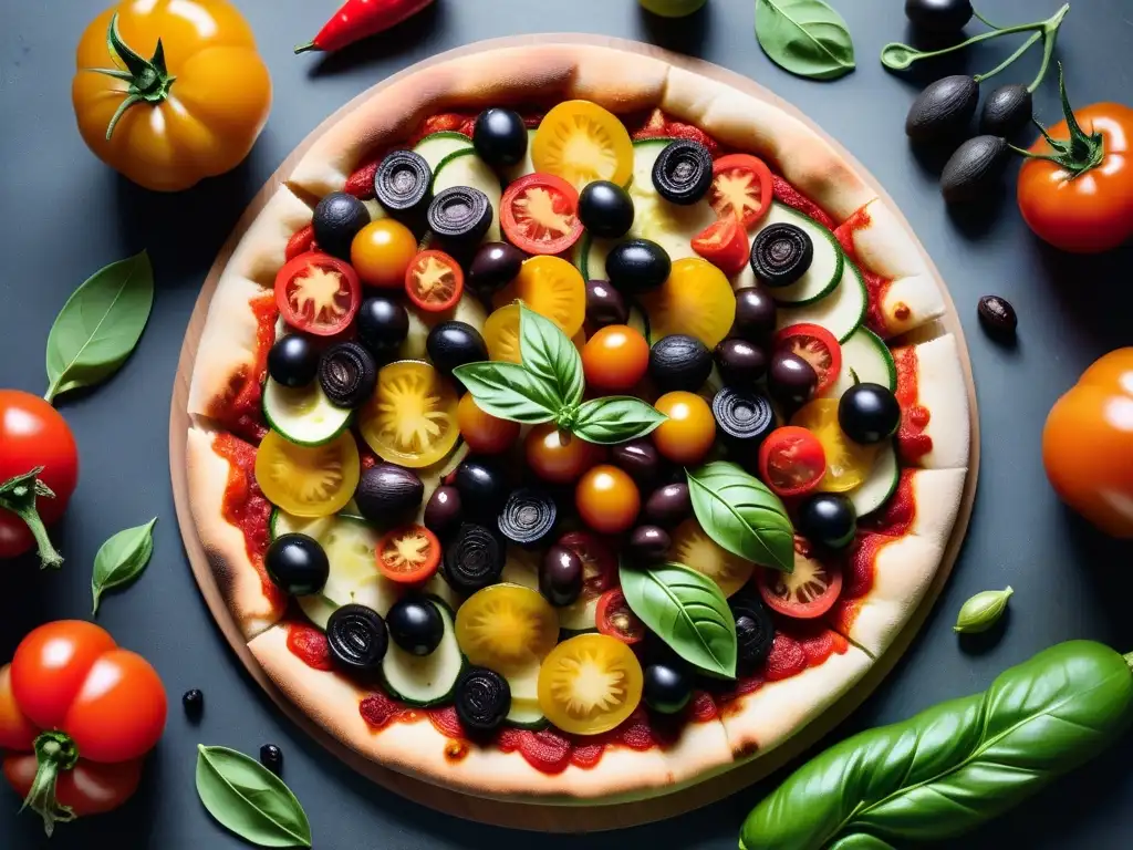 Un exquisito y colorido flat lay de ingredientes para recetas de pizza vegana gourmet