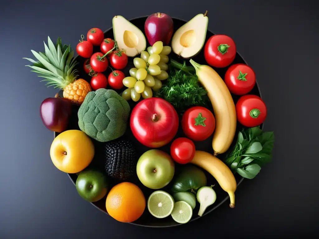 Patrón simétrico de frutas y verduras frescas: diversidad vegan Un exquisito y colorido surtido de frutas y verduras frescas, destacando la diversidad y riqueza de una dieta vegana y salud mental