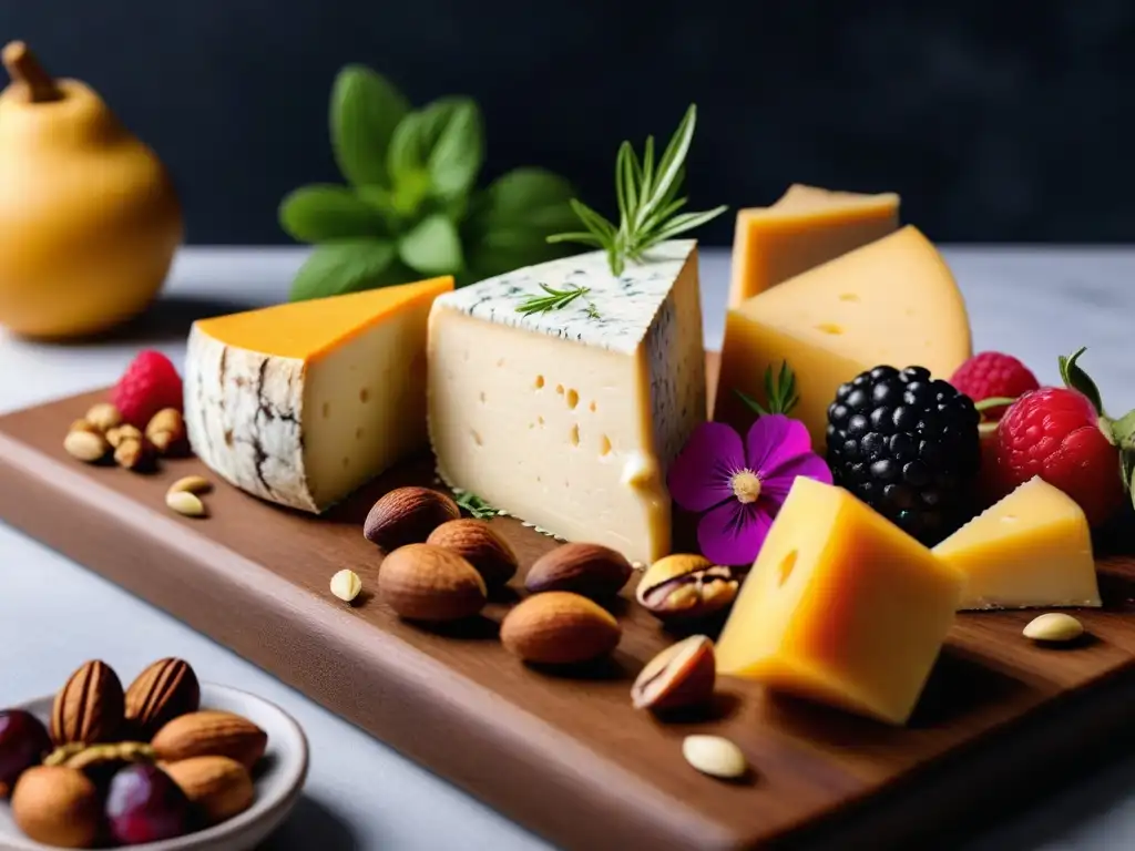 Un exquisito y colorido surtido de quesos veganos caseros sobre tabla de madera