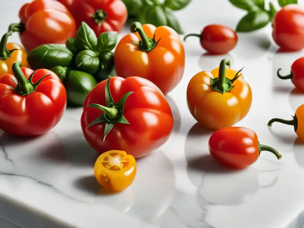 Un exquisito conjunto de tomates cherry rojos, albahaca fresca, ajos y pimientos sobre mármol blanco