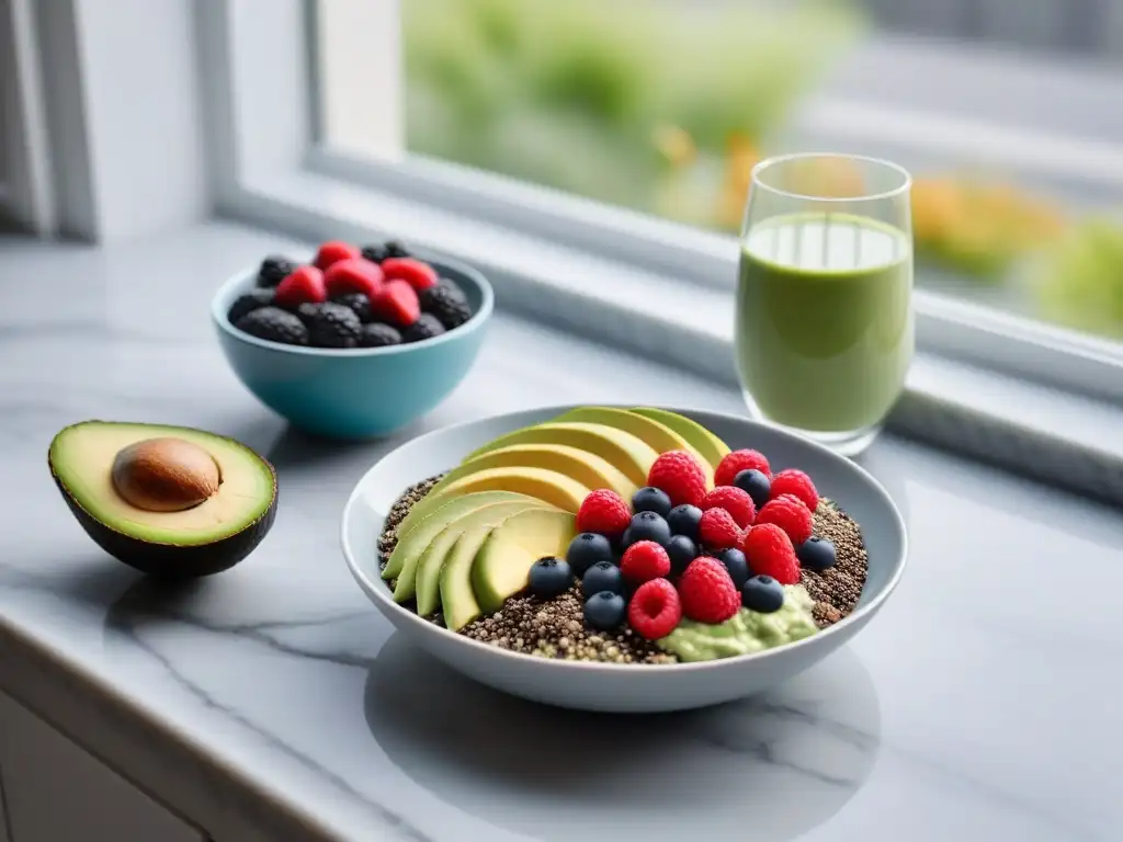 Un exquisito desayuno vegano energético, con bowls de smoothie, tostadas de aguacate y pudin de chía, junto a libros de cocina vegana