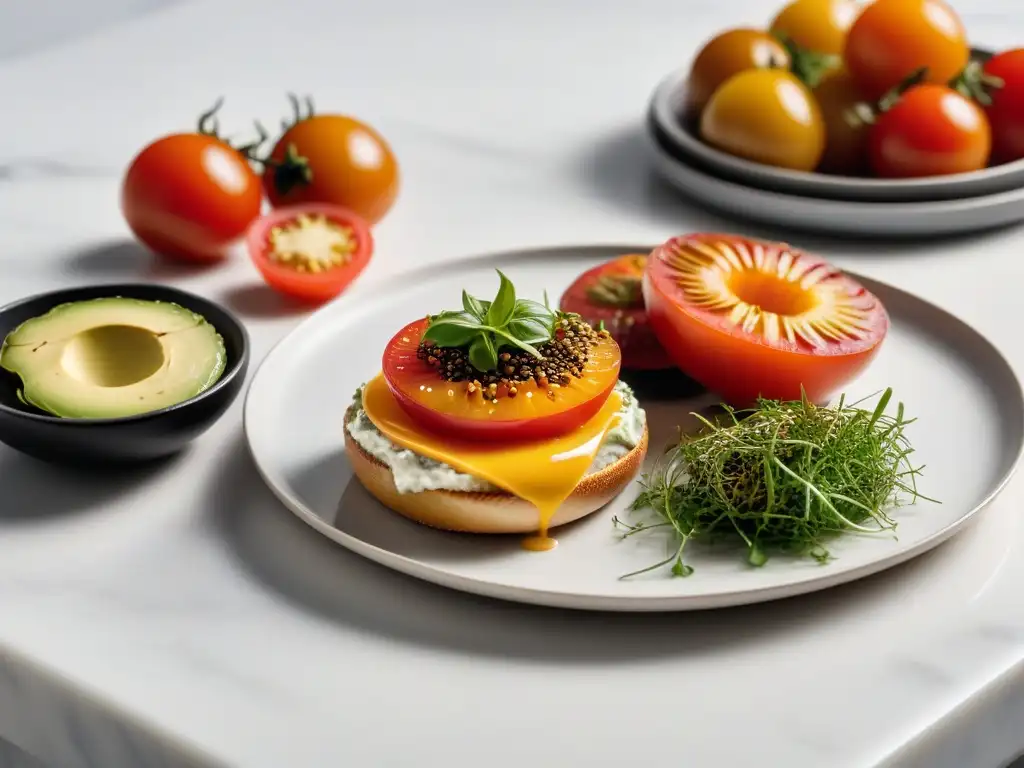 Un exquisito desayuno vegano gourmet con bagel en mármol blanco