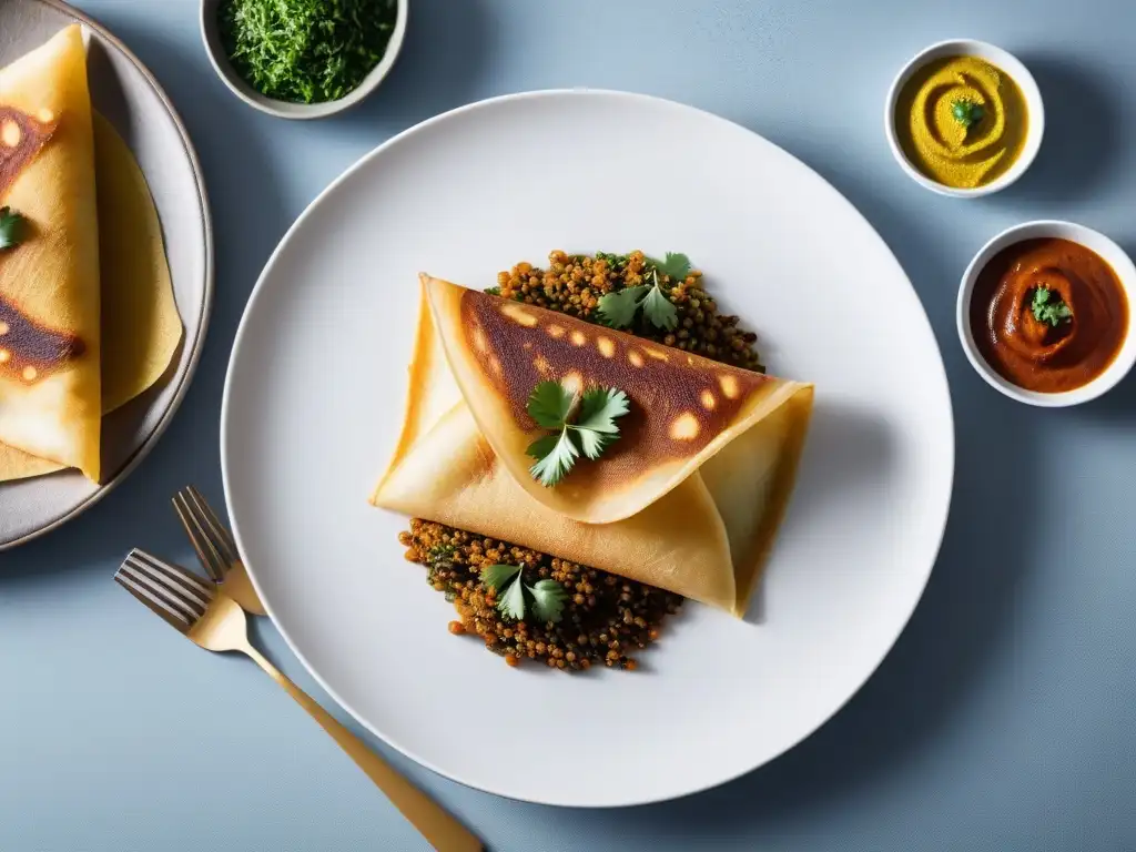 Exquisito Masala Dosa vegano con relleno vibrante, servido en plato blanco moderno