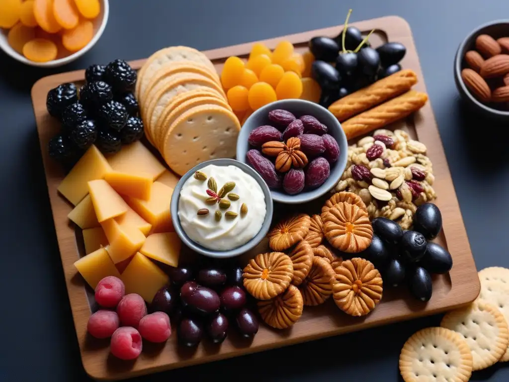 Un exquisito equilibrio de snacks veganos dulces y salados en una tabla colorida y apetitosa