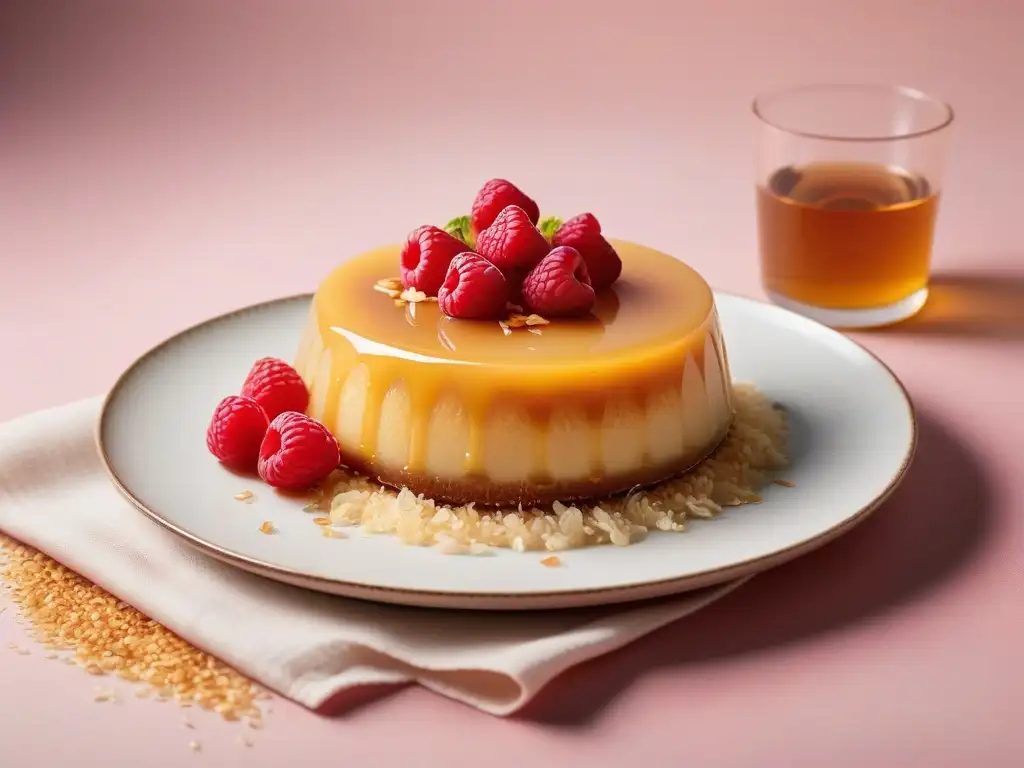 Un exquisito flan vegano de coco, decorado con frambuesas frescas y jarabe de agave dorado, sobre una cama de coco tostado