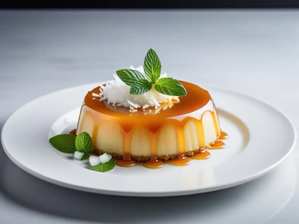 Un exquisito flan vegano de coco con caramelo dorado, coco rallado y menta fresca en un elegante plato blanco