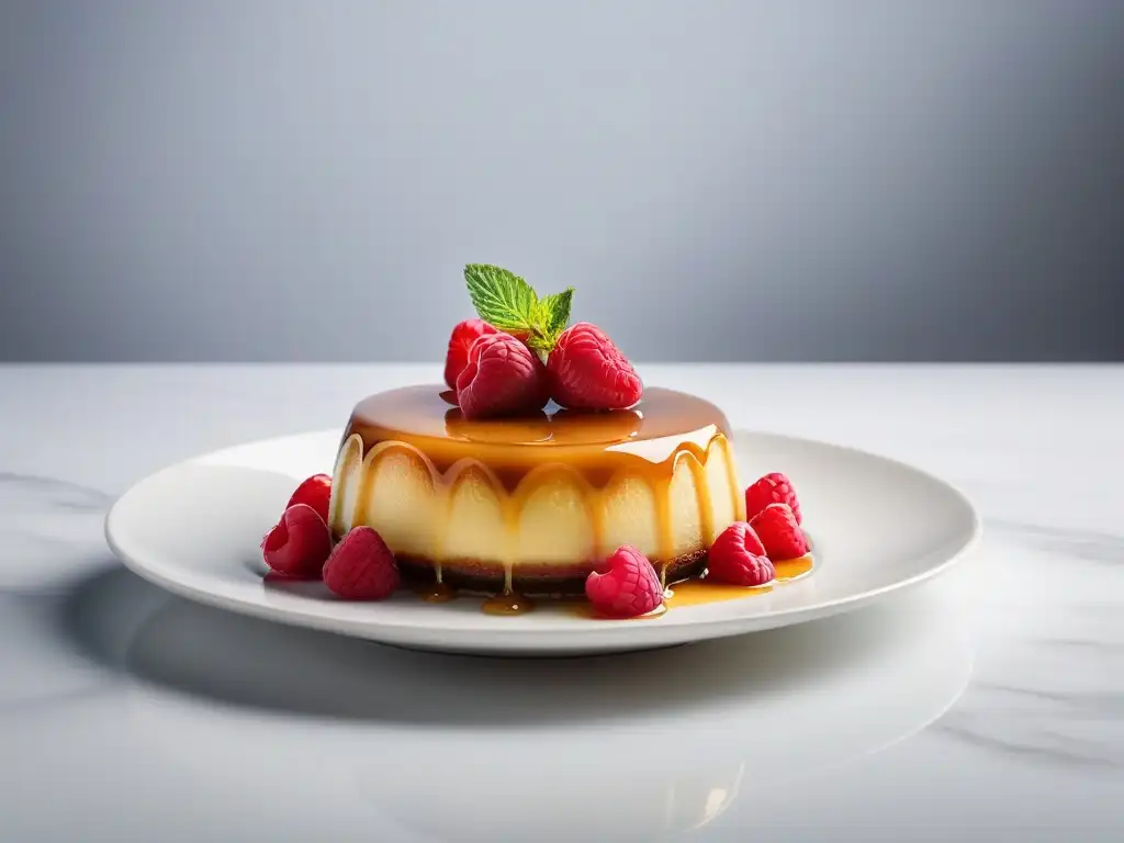 Un exquisito flan vegano sin huevo con caramelo dorado, frambuesas frescas y menta en una cocina minimalista