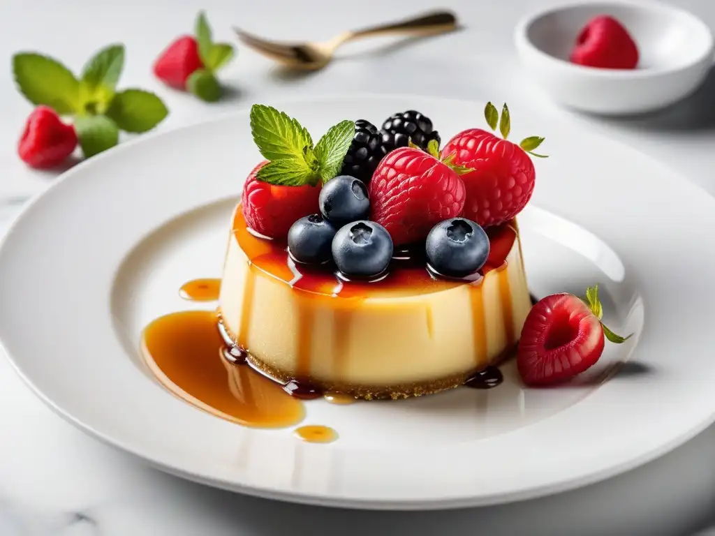 Un exquisito flan vegano sin huevo con caramelo, bayas frescas y hojas de menta en un elegante plato blanco sobre encimera de mármol