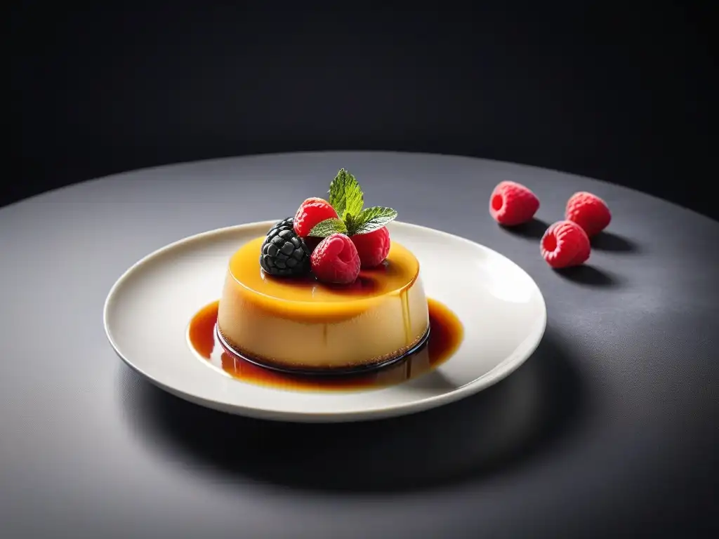 Un exquisito flan vegano sin huevo decorado con frutos rojos y hojas de menta en un elegante plato blanco moderno