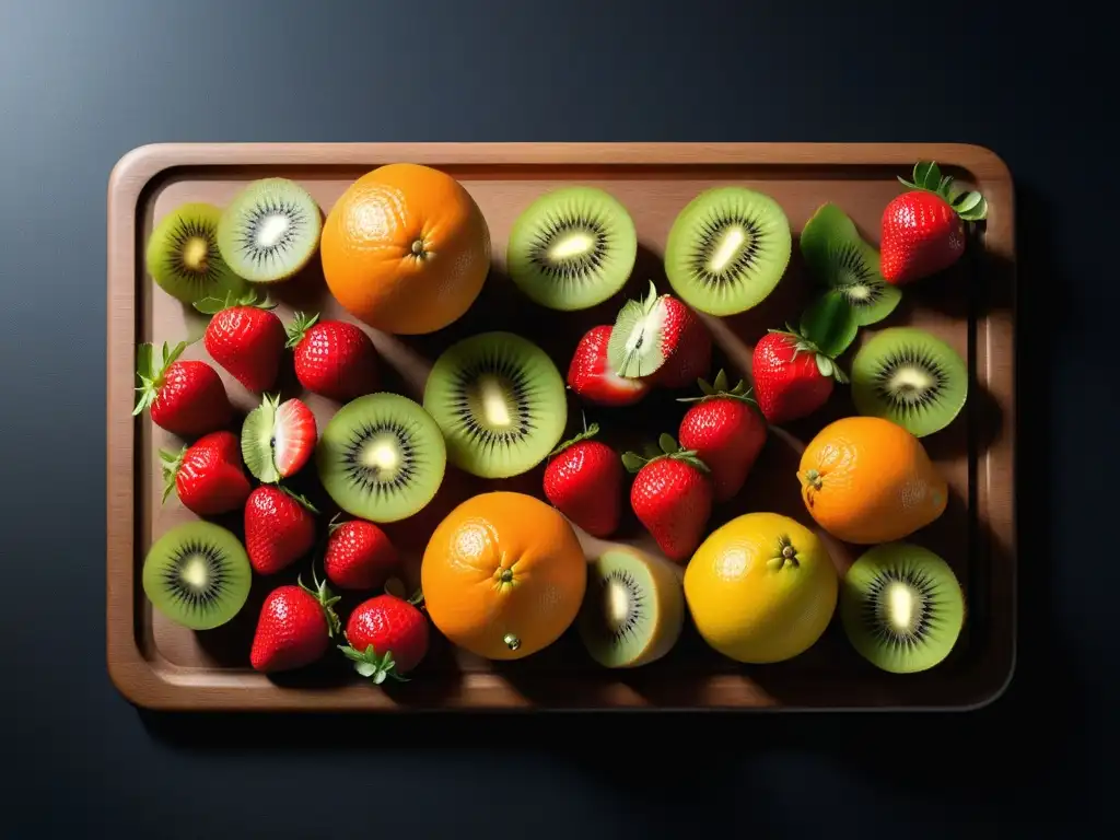 Un exquisito flat lay de desayunos veganos crudos deliciosos: fresas, naranjas, kiwi, almendras, semillas, bañados por la luz del sol