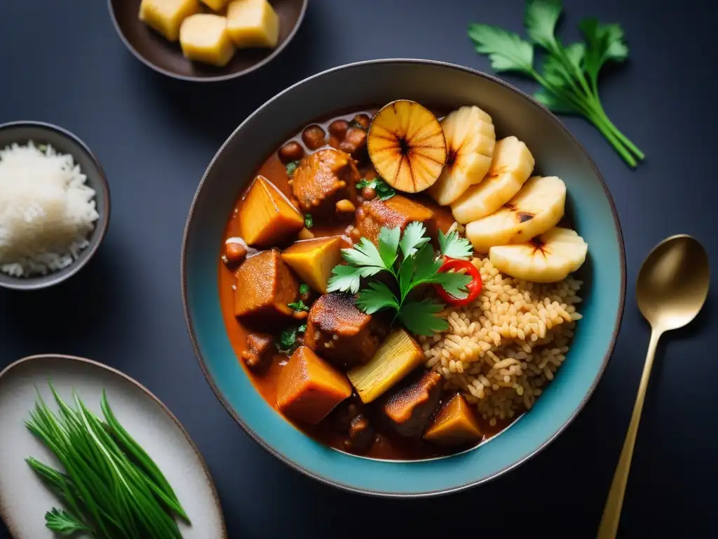 Un exquisito guiso nigeriano vegano con yuca, repleto de colores y sabores reconfortantes en un cuenco minimalista