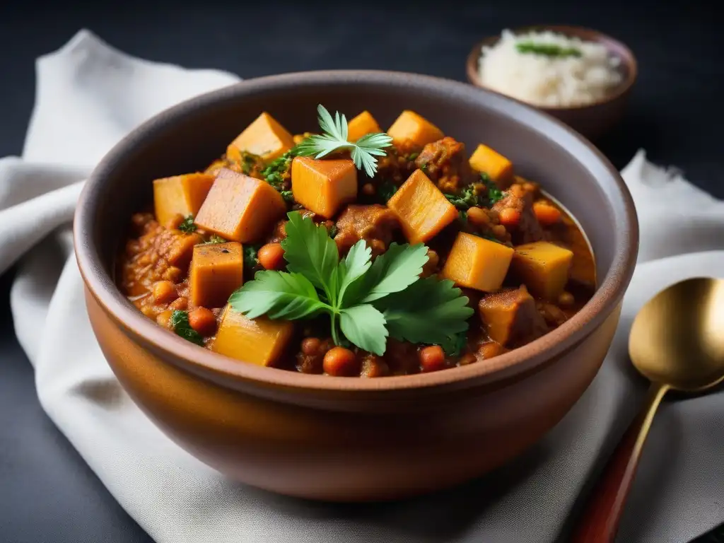 Un exquisito guiso nigeriano vegano con yuca, vibrante y colorido, servido en un bol moderno con hierbas frescas y especias