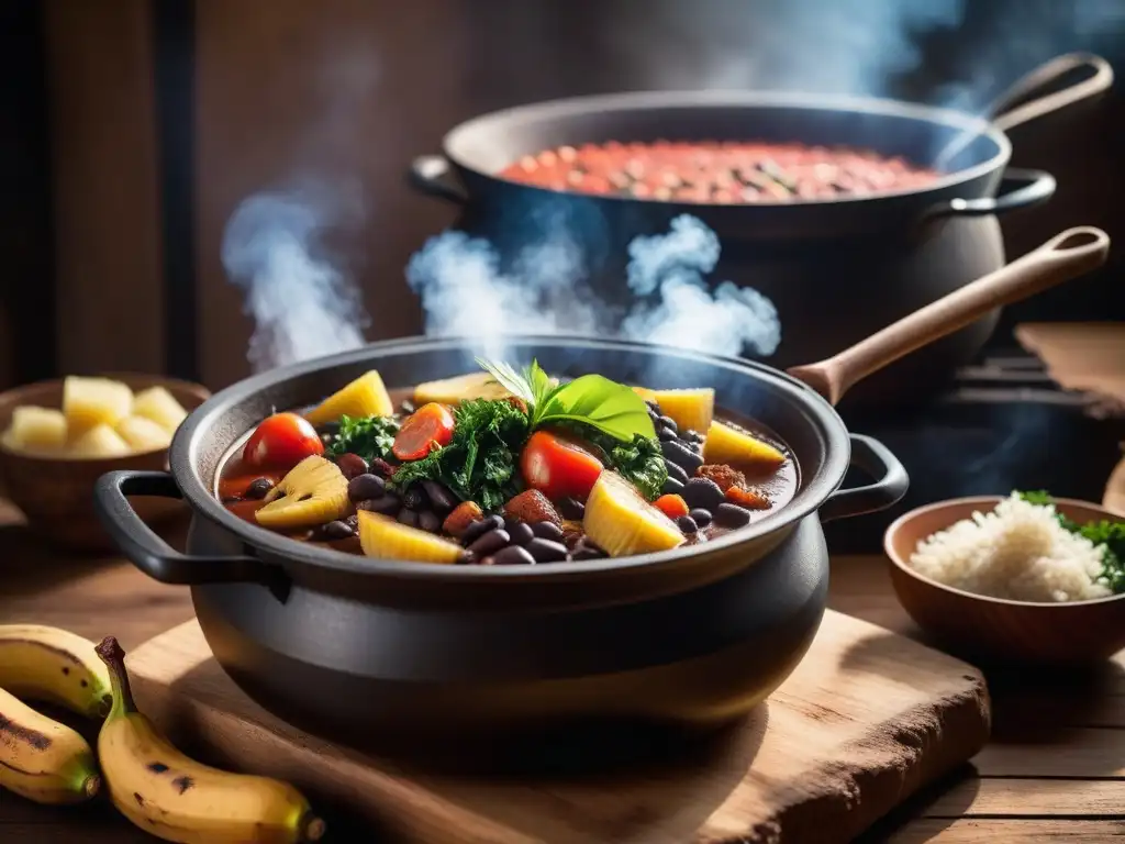 Un exquisito guiso vegano africano de plátanos en una olla de barro sobre fuego de leña