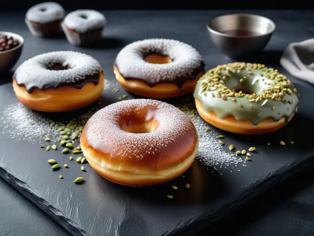 Un exquisito lote de donas veganas esponjosas recién horneadas, bañadas en chocolate y pistachos, sobre una tabla de presentación negra