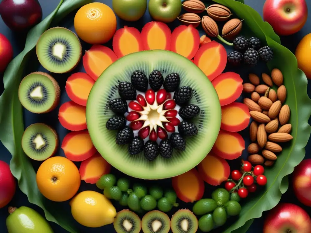 Un exquisito mandala vegano con una variedad de nutrientes clave para la salud mental en veganismo