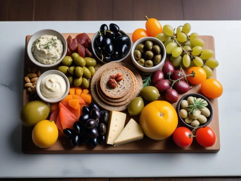 Exquisito maridaje vegano europeo con cervezas y vinos en tabla elegante y colorida