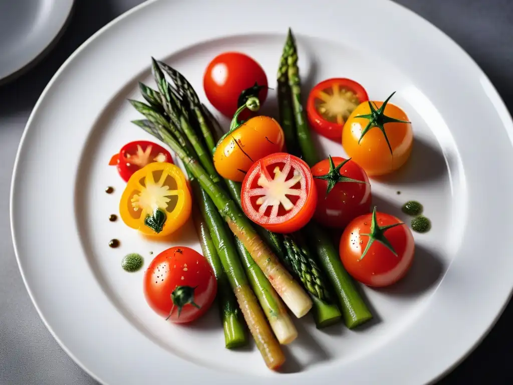 Un exquisito medley vegano cocinado a baja temperatura, resaltando la belleza de las verduras y el arte culinario