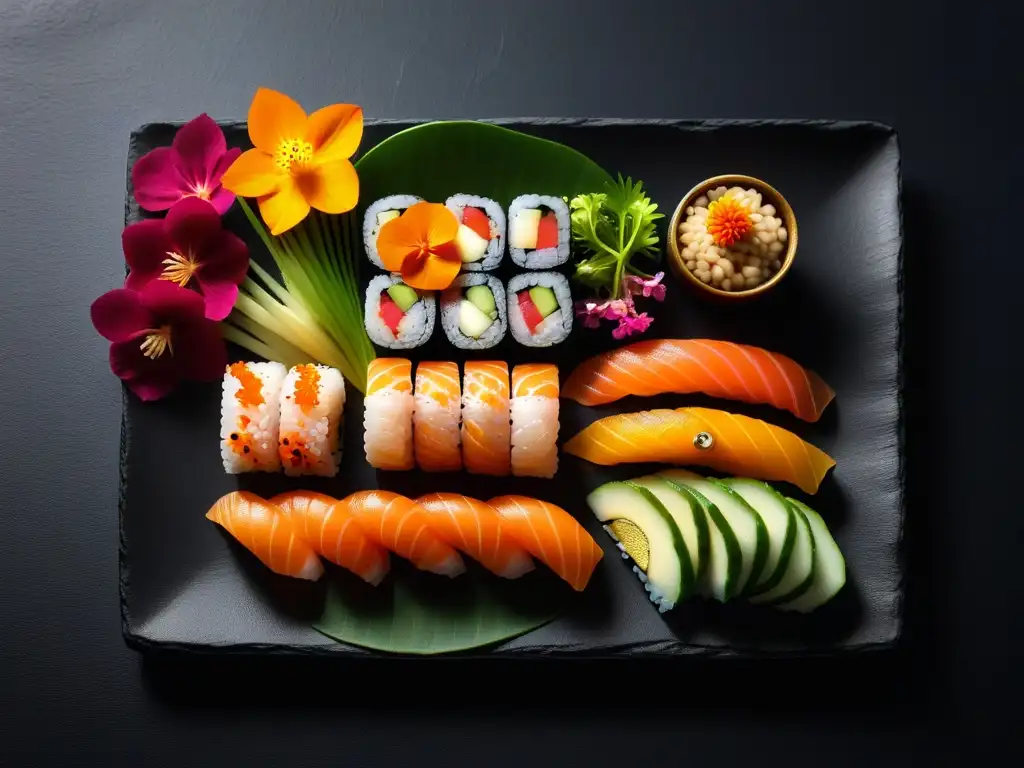 Exquisito menú festivo vegano asiático con sushi creativo y colorido en elegante presentación sobre pizarra negra