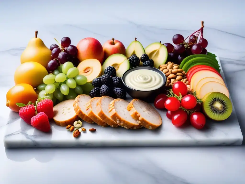 Exquisito menú vegano cena San Valentín con tabla de embutidos veganos y coloridos ingredientes en plato de mármol