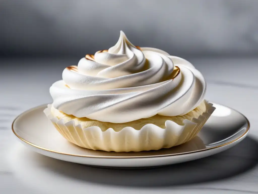 Un exquisito merengue vegano sin huevo, con decoración elegante y detalle meticuloso