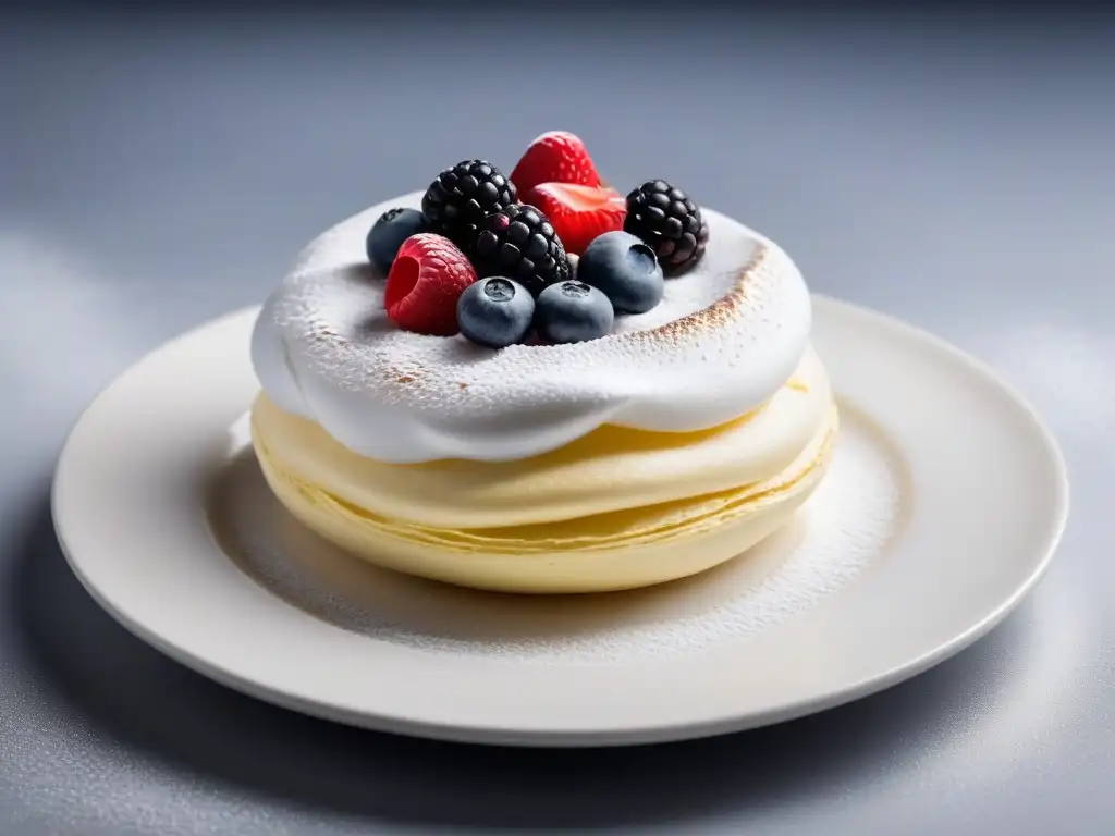 Exquisito merengue vegano sin huevo con bayas frescas y azúcar glass en plato blanco minimalista