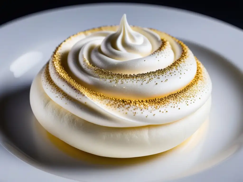 Un exquisito merengue vegano sin huevo decorado con polvo dorado comestible, sobre fondo negro