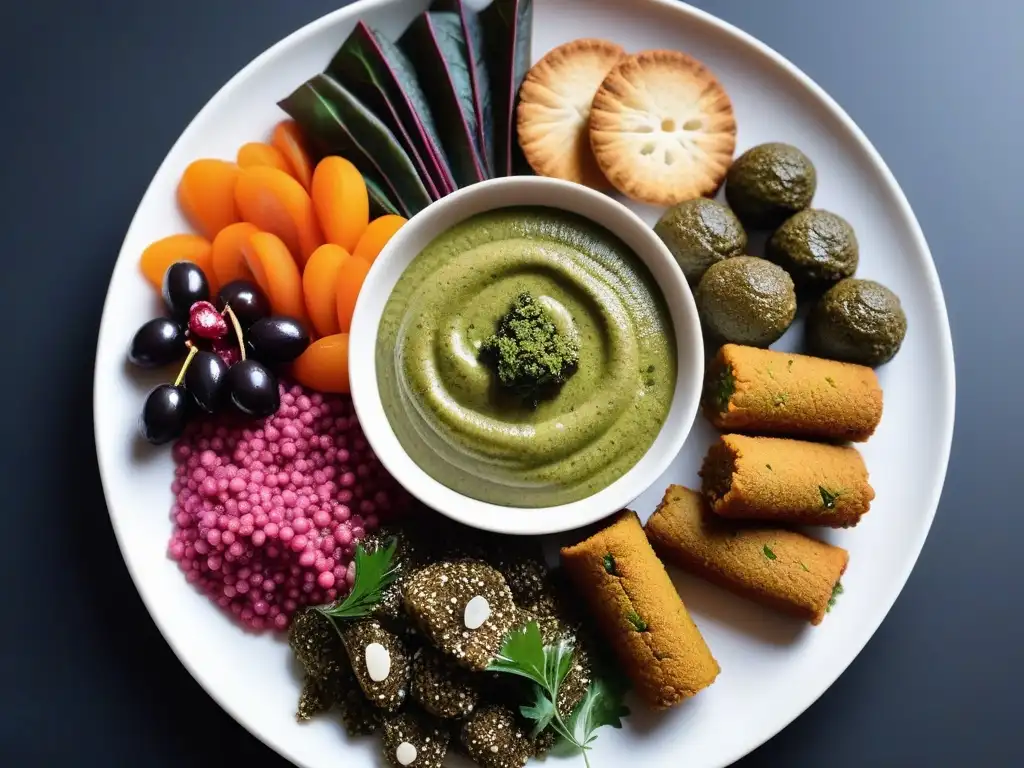 Un exquisito mezze vegano con colores vibrantes y elegante presentación, ideal para recetas mediterráneas