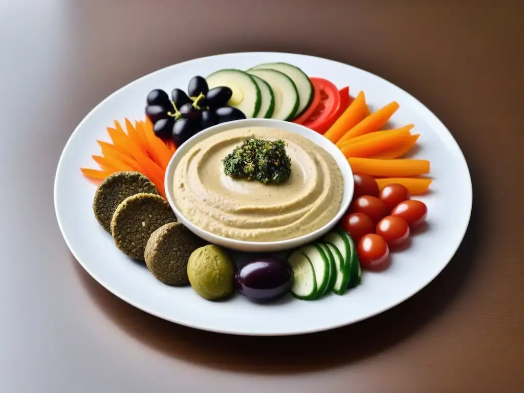 Exquisito mezze vegano con recetas tradicionales Medio Oriente en plato blanco minimalista