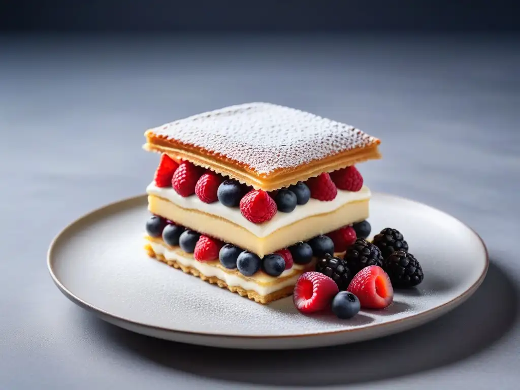 Exquisito milhojas vegano con crema pastelera, bayas frescas y hojas de menta en un plato minimalista blanco