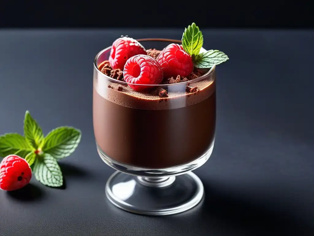 Un exquisito mousse vegano de chocolate con frambuesas frescas y hojas de menta en copa elegante