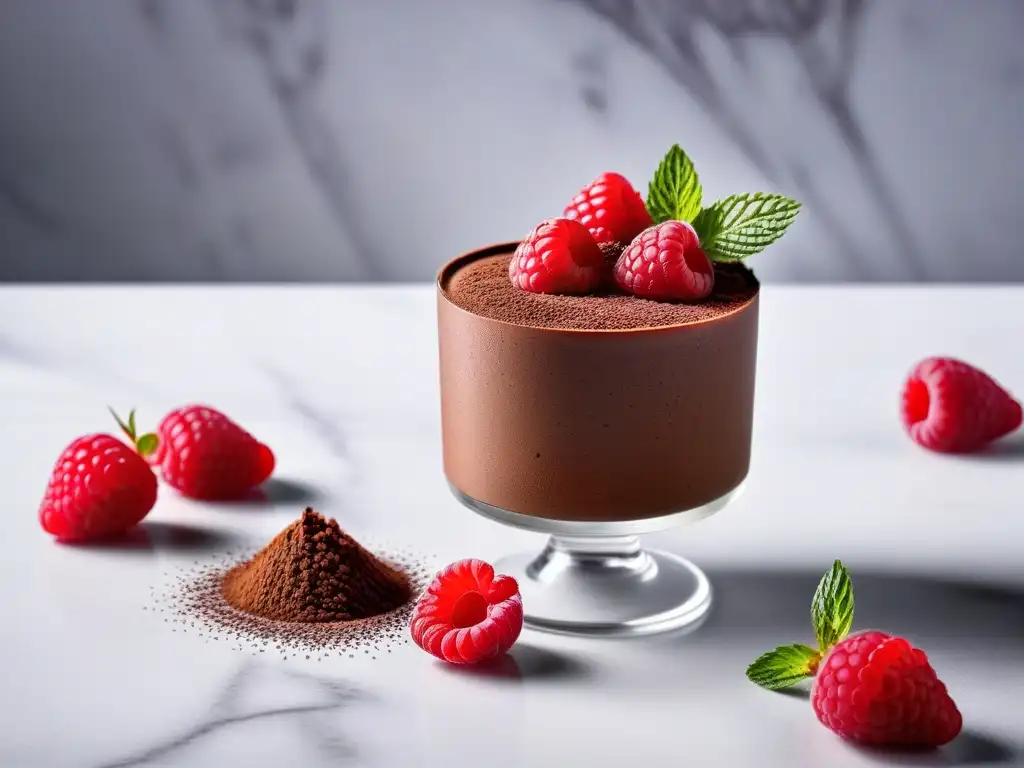 Un exquisito mousse vegano de chocolate decorado con frambuesas y menta, sobre mármol blanco