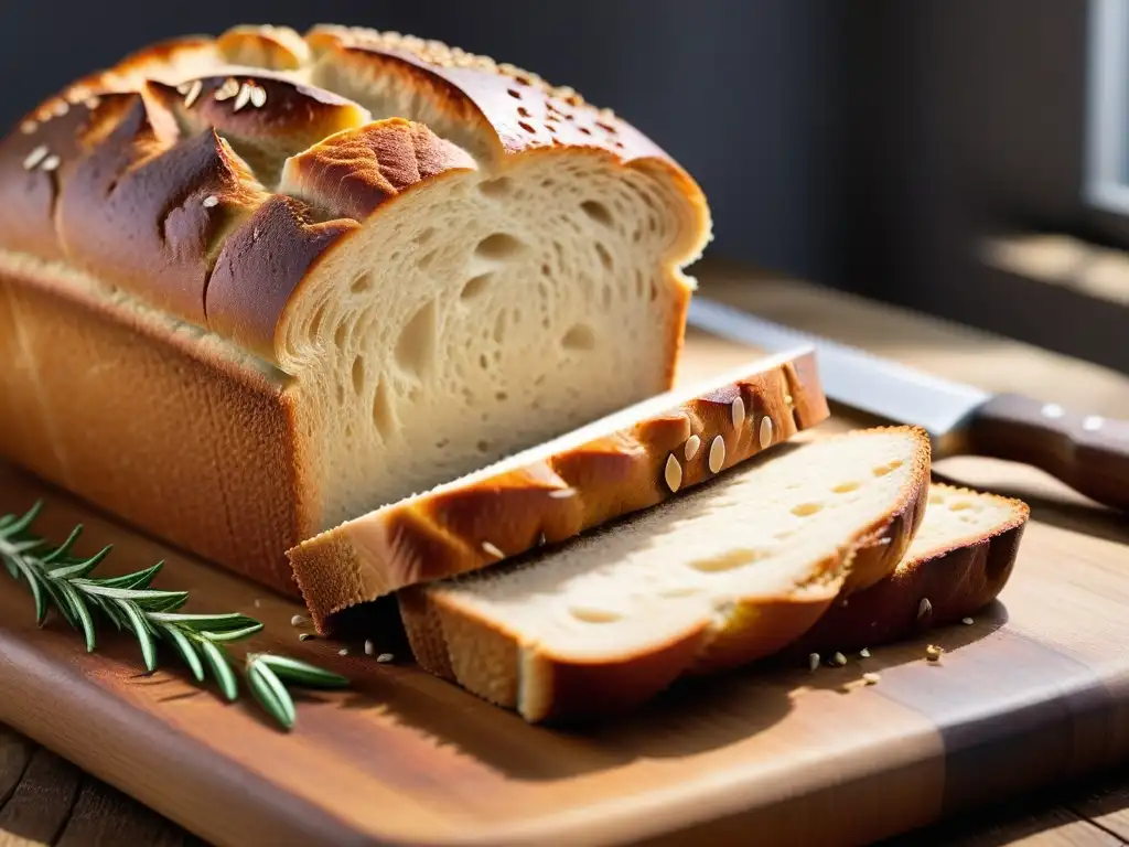 Un exquisito pan de masa madre vegano sin gluten, recién horneado, con corteza dorada y miga esponjosa, sobre tabla de madera rústica