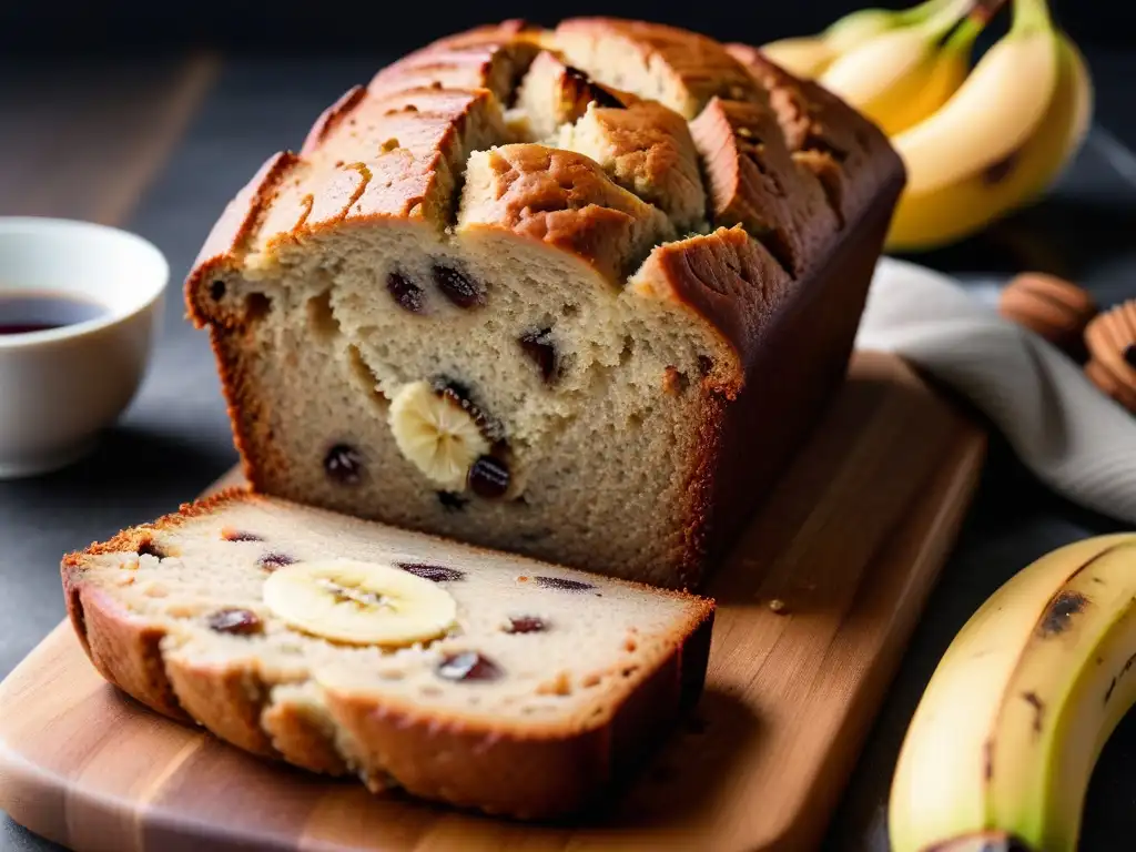 Un exquisito pan de plátano vegano y sin gluten, recién horneado, con trozos de plátano maduro, dorado y jugoso