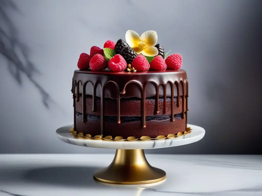 Exquisito pastel de chocolate vegano sin gluten con frambuesas y flores comestibles en base de mármol, perfecto para deleitar los sentidos