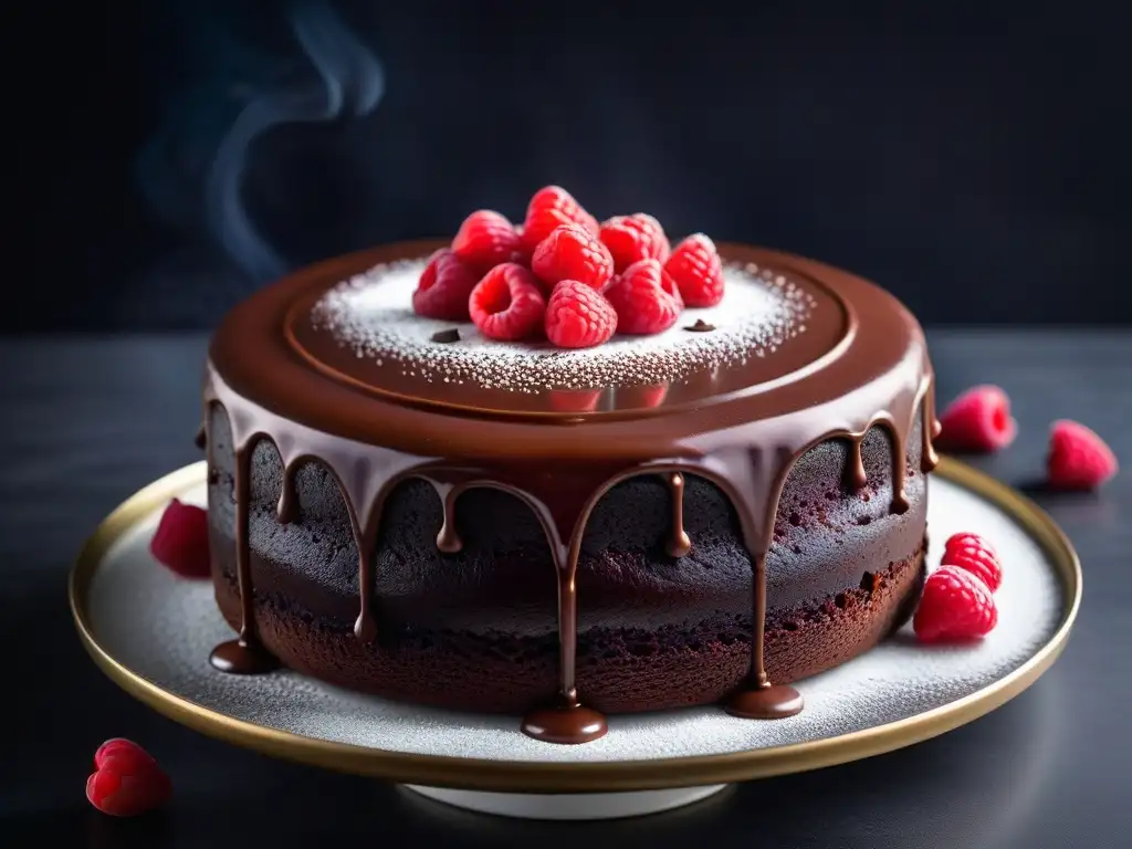 Un exquisito pastel de chocolate vegano sin gluten, cubierto de ganache brillante y frambuesas frescas, sobre fondo minimalista