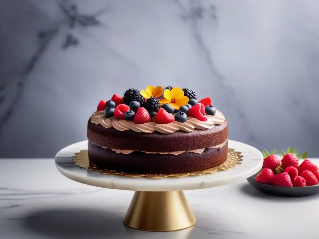 Un exquisito pastel vegano sin alérgenos, decorado con frutas frescas y flores comestibles sobre un elegante soporte de mármol blanco