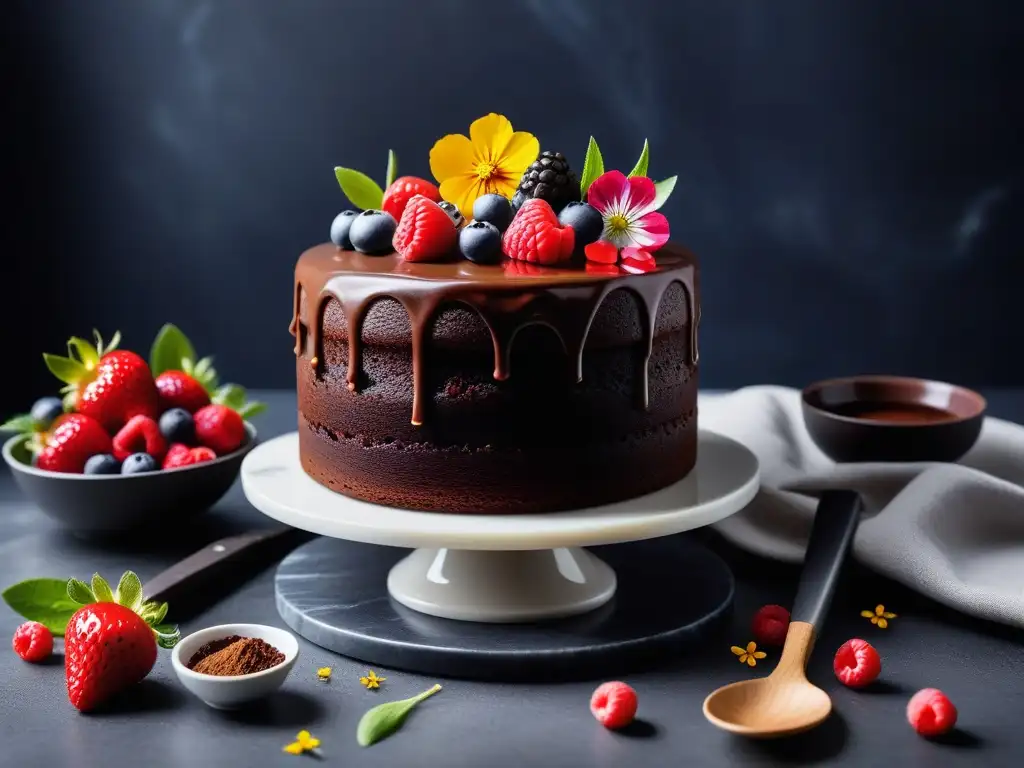 Un exquisito pastel vegano de chocolate decorado con frutas y flores comestibles