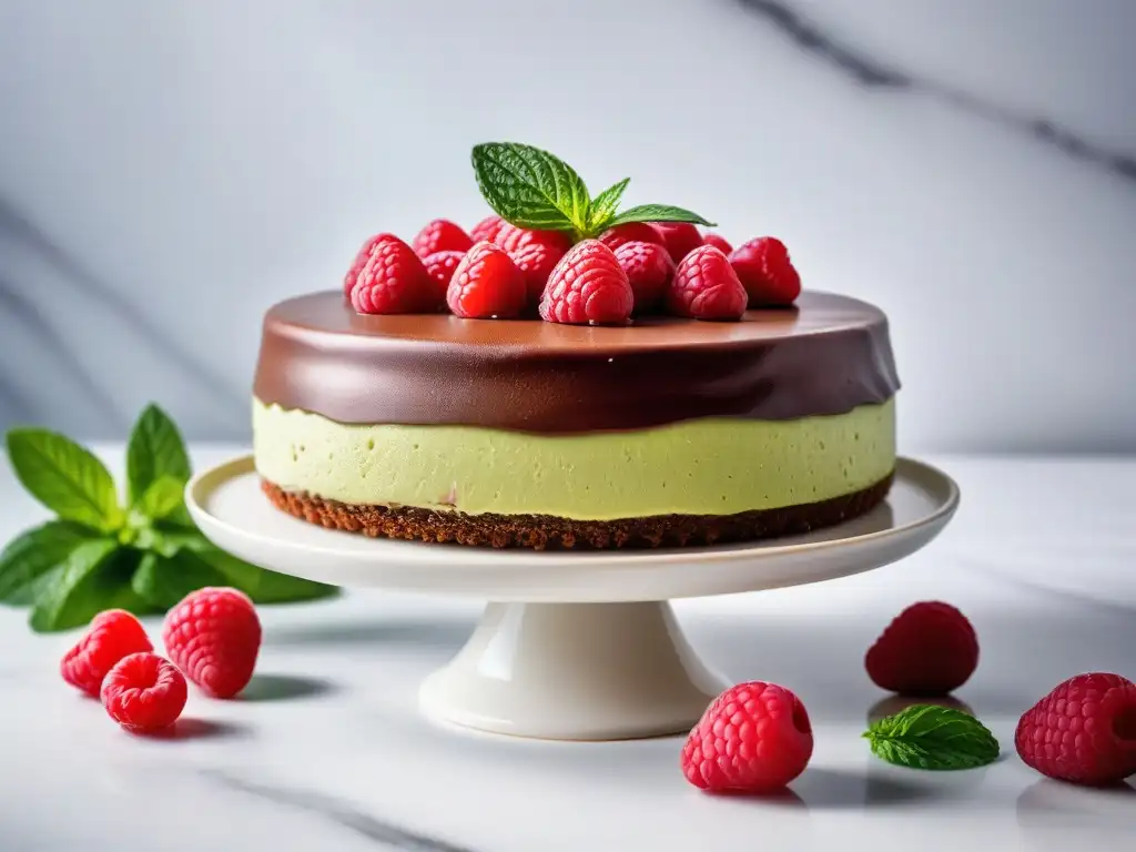 Un exquisito pastel vegano de mousse de chocolate sin hornear, decorado con frambuesas y hojas de menta fresca en una elegante encimera de mármol