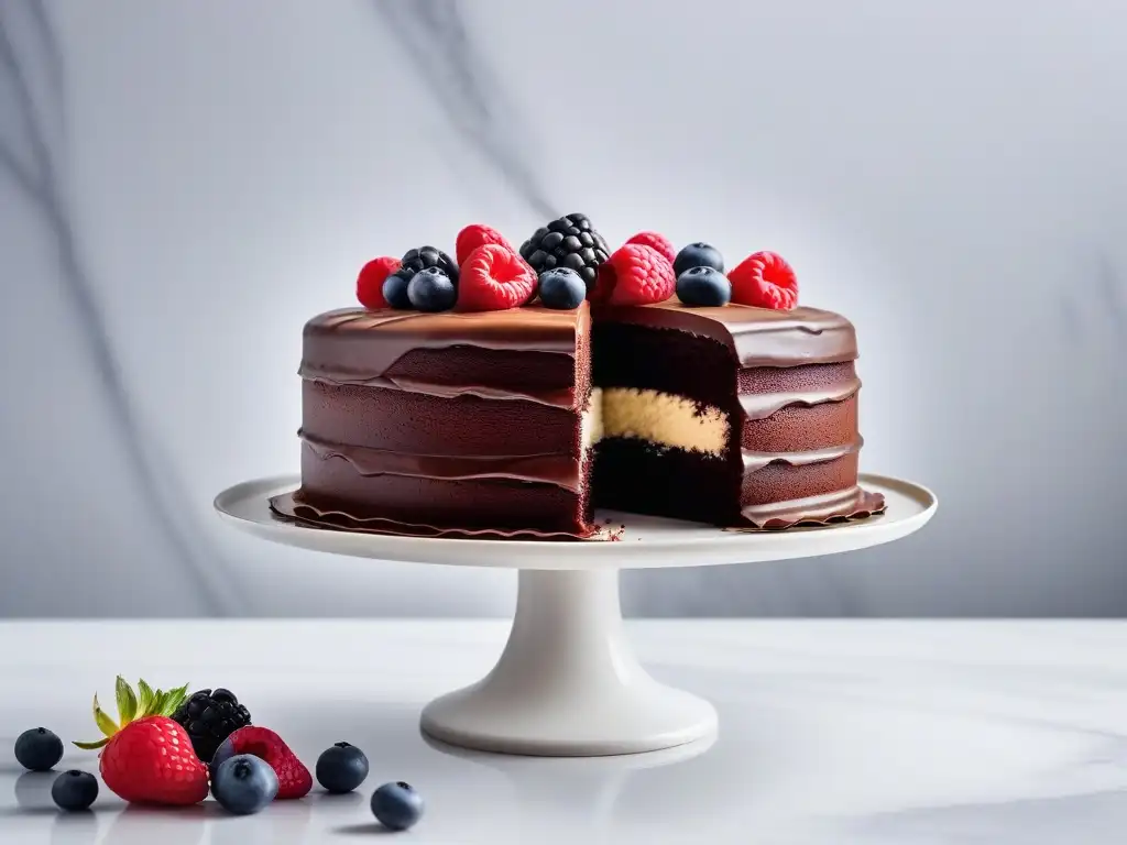 Un exquisito pastel vegano de chocolate en capas con frutas frescas, sobre un elegante soporte de mármol blanco en una cocina minimalista y moderna