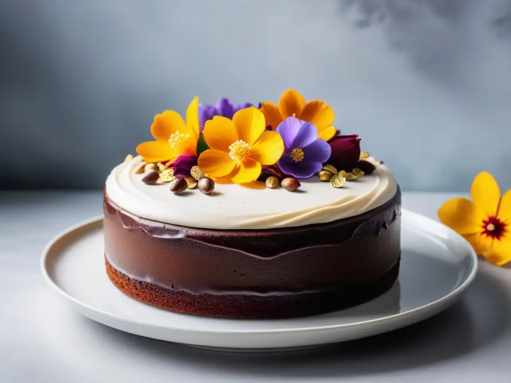 Un exquisito pastel vegano de chocolate con flores comestibles y láminas de oro, en una pastelería vegana moderna