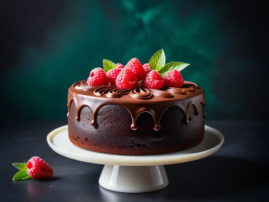 Un exquisito pastel vegano de chocolate con frambuesas y menta sobre una elegante base de mármol