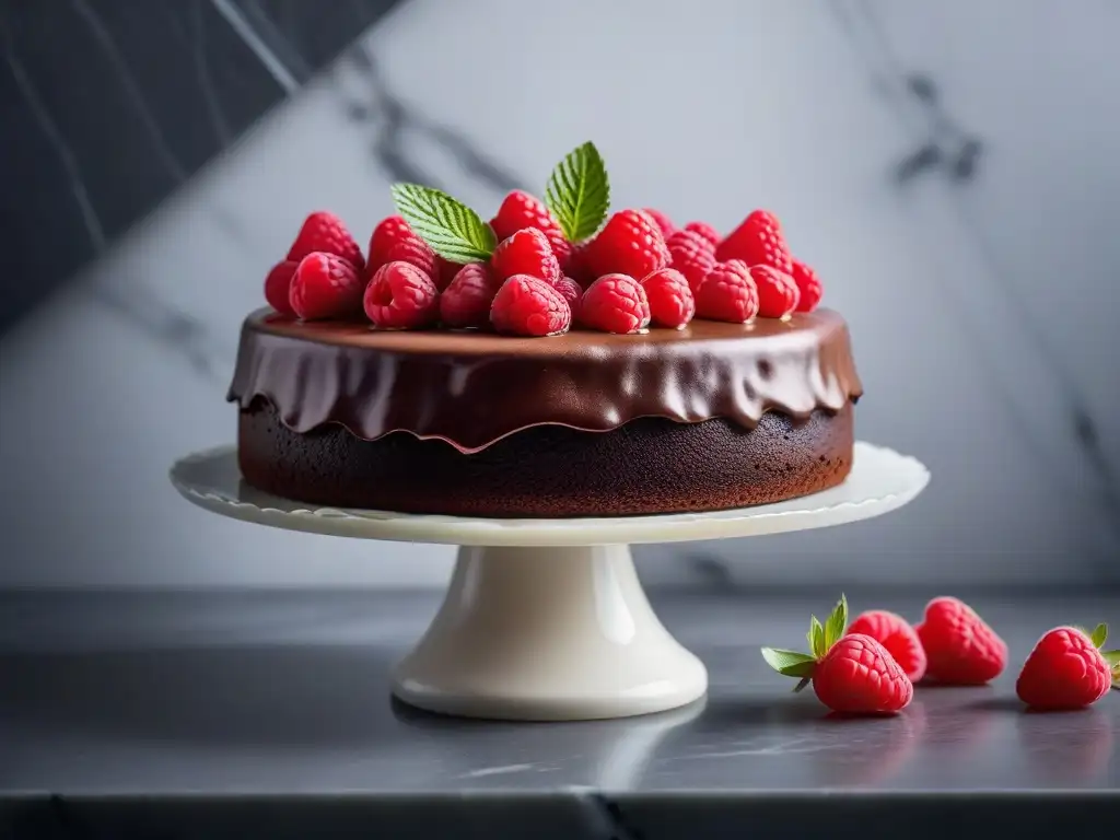 Deléitate con un exquisito pastel vegano de chocolate y frambuesas en una cocina minimalista