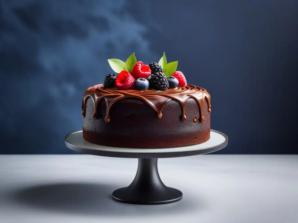 Un exquisito pastel vegano de chocolate decorado con detalle, frutas frescas y flores comestibles