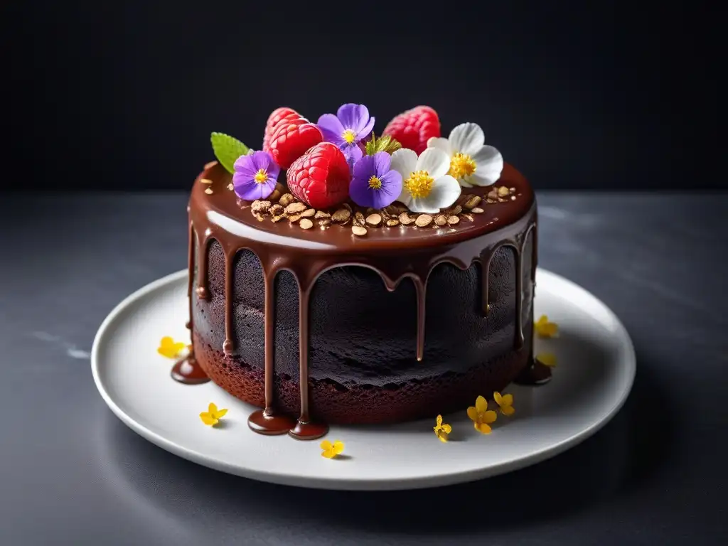 Un exquisito pastel vegano de chocolate con frambuesas y flores comestibles, reflejando las tendencias pastelería vegana mundial