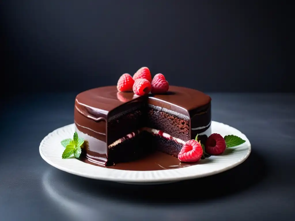 Un exquisito pastel vegano de chocolate con ganache de cacao crudo, frambuesas y menta, destacando los beneficios del cacao crudo en postres veganos