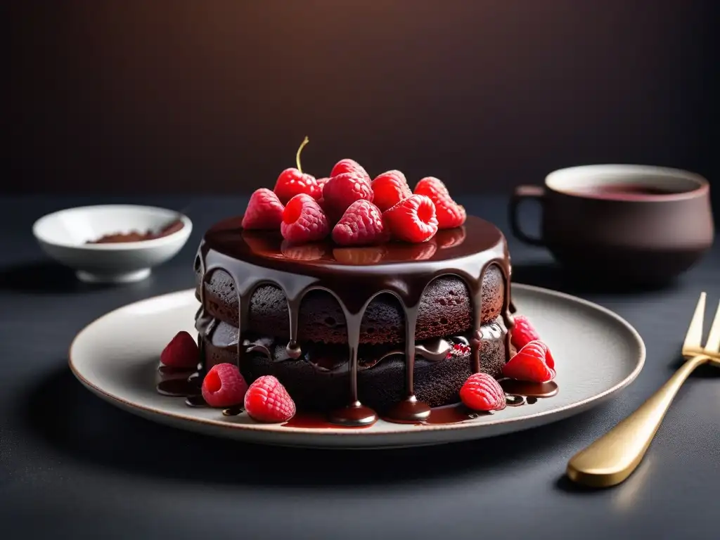 Un exquisito pastel vegano de chocolate con frambuesas frescas y salsa de cacao crudo, resaltado por una luz natural suave